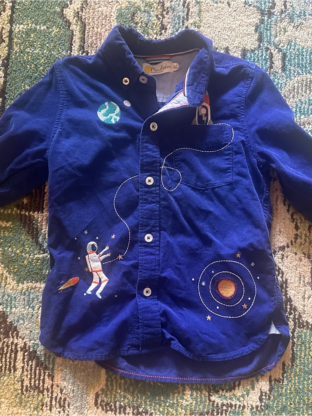 Mini Boden Blue Space Embroidered Button-Down Shirt